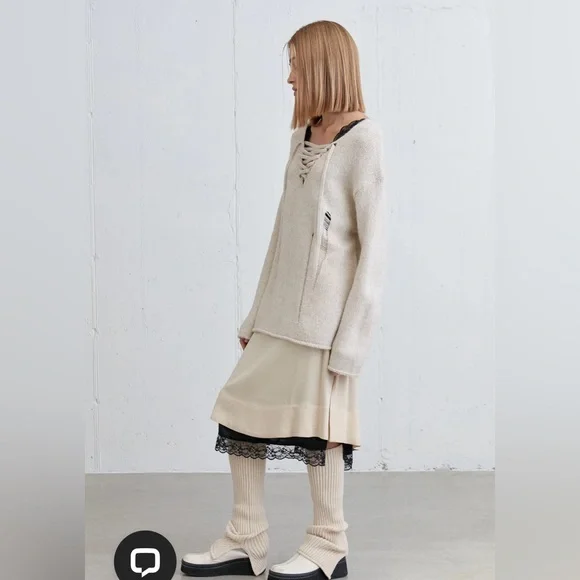 78$ NWT OAK+FORT Lace-Up Distressed Sweater | Relaxed Fit | NWT | Size S-M - Picture 4 of 15